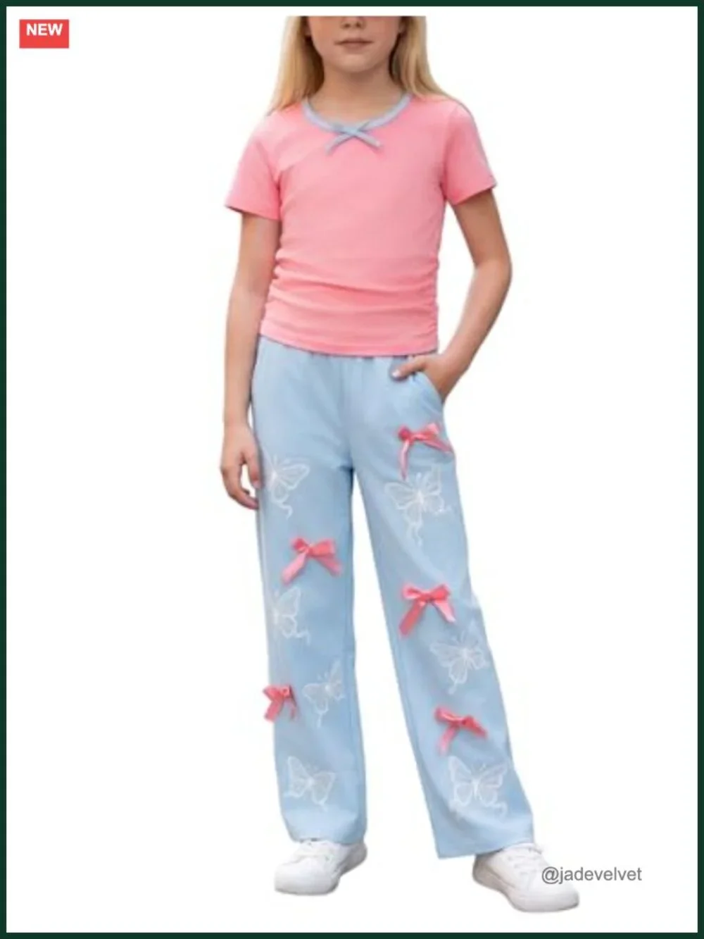 Girls Y2K 2 Piece Outfit Bow Top & Butterfly Cargo Pants Set